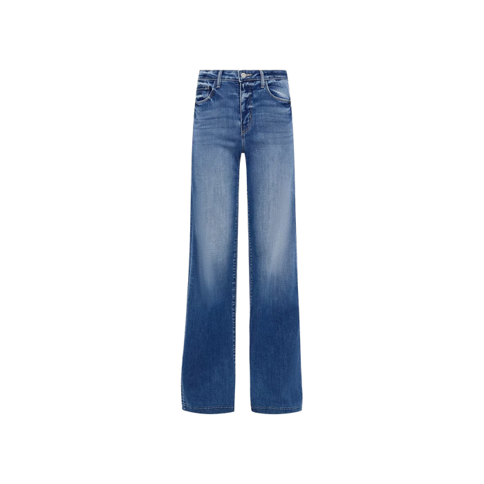 Clayton Wide-Leg Jean in blue, designed with a high-waisted, tall wide-leg silhouette, featuring a faded wash on the thighs, front pockets, and belt loops. Crafted from REPREVE woven denim and displayed on a plain white background.