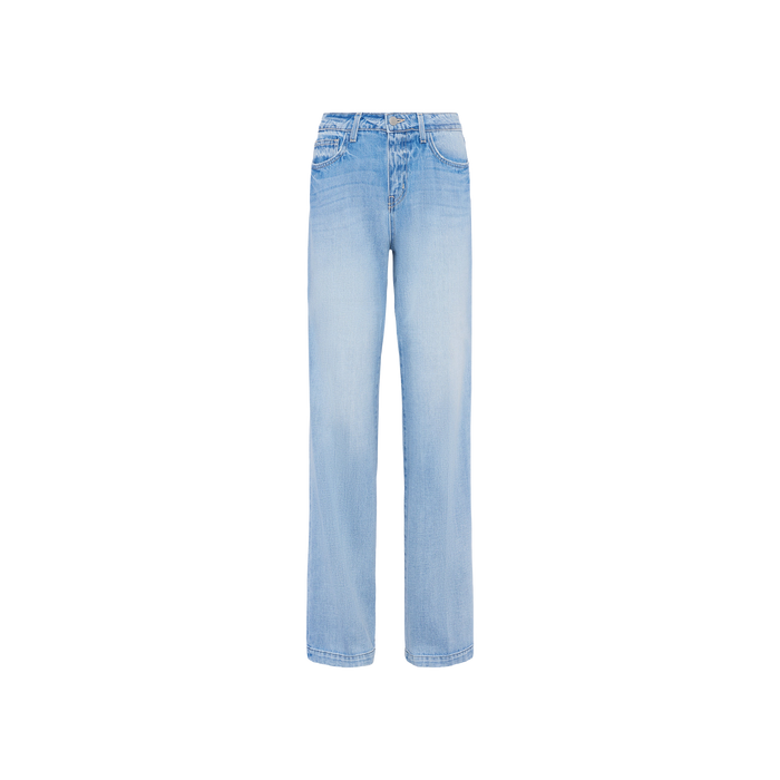 The Clayton Wide-Leg Jean features a light blue wash, high-rise fit, classic five-pocket styling, and subtle fading on the thighs, shown against a plain white background.
