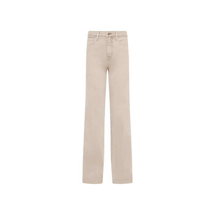 The Clayton Wide-Leg Jean in beige, crafted from stretch denim, is displayed on a plain white background. This style features a high waist, belt loops, front pockets, and a button and zip closure.