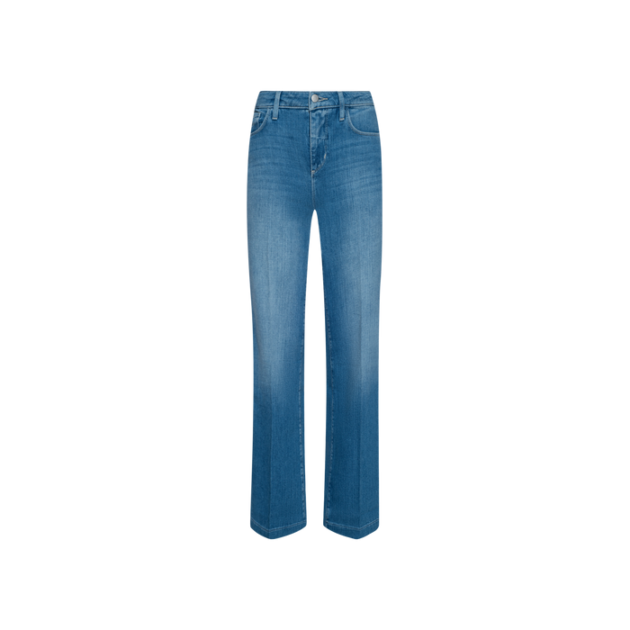 Clayton Wide-Leg Jean in blue, featuring a high-waisted wide-leg silhouette crafted from stretch denim with a subtle fade, front button and zipper closure, and classic five-pocket design, displayed on a plain white background.