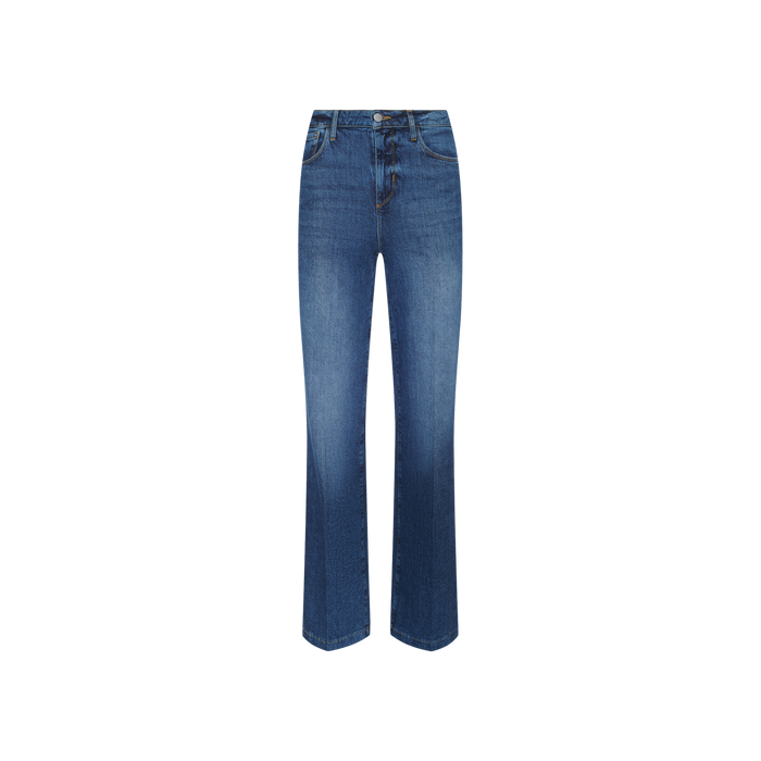 Clayton Wide-Leg Jean in blue denim, shown against a plain white background. This style features a high rise, wide-leg silhouette, classic five-pocket design, and subtle front fading, all crafted from comfortable stretch denim.