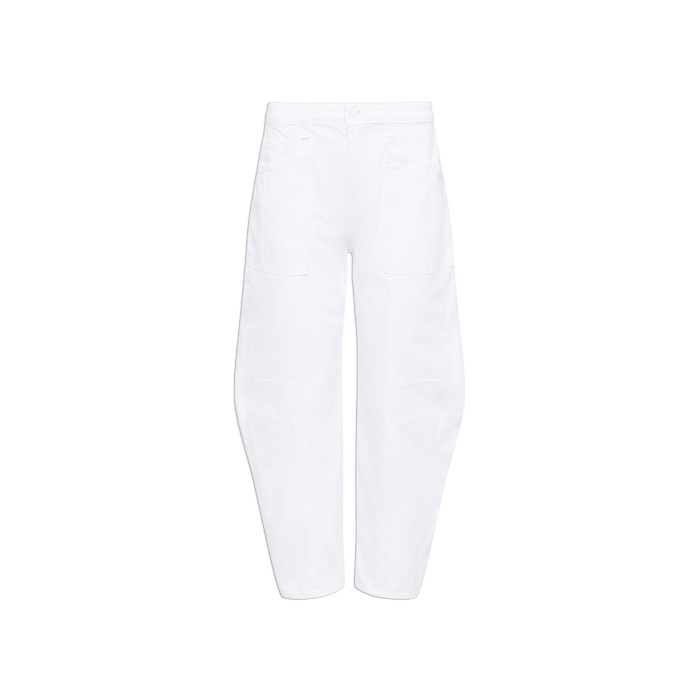 The Cody Barrel-Leg Jean is a white, high-waisted denim style featuring a loose barrel-leg silhouette, front patch pockets, button closure, and slightly tapered cropped legs, shown against a plain white background.