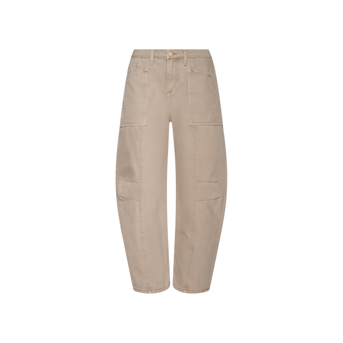 Cody Cropped Barrel-Leg Jean in beige features a high-waisted, wide-leg silhouette with front patch pockets and visible stitch detailing, crafted from all-cotton denim and displayed against a plain white background.