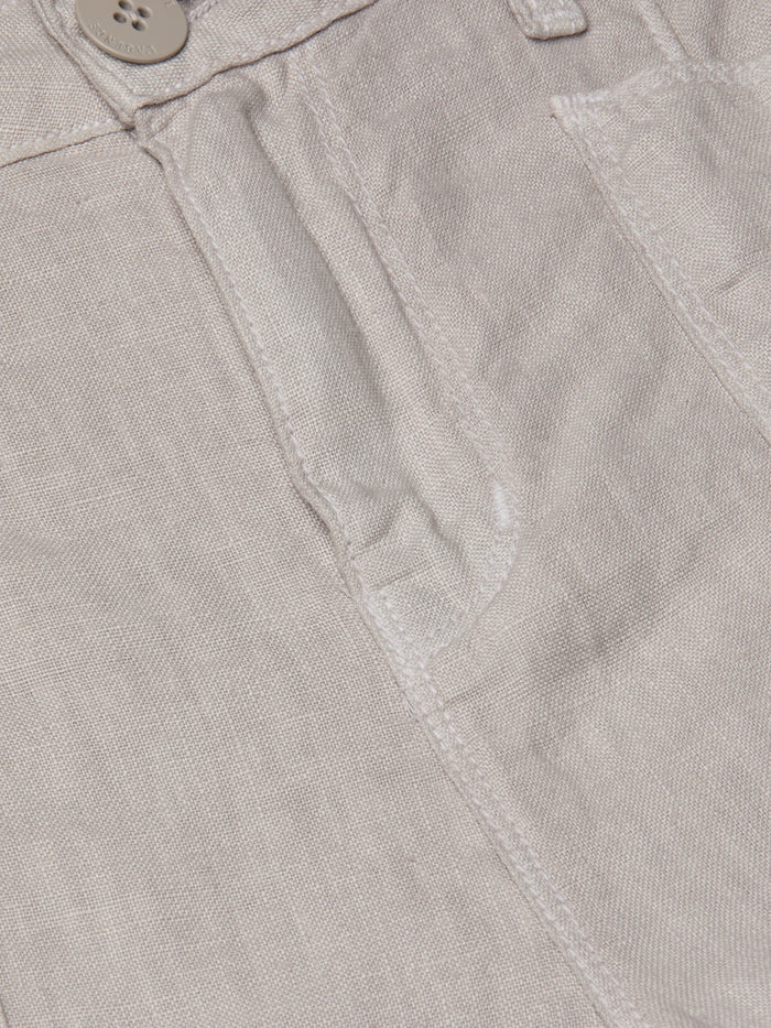Close-up of the Cody Cropped Linen Pant, lightweight linen pants for warm weather featuring a button, pocket, and visible stitching details.