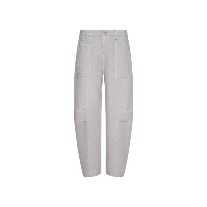 The Cody Cropped Linen Pant is a light gray, high-waisted style made from lightweight linen, with large front and side patch pockets, straight legs, and a button closure. Shown against a plain white background, these pants are perfect for warm weather.