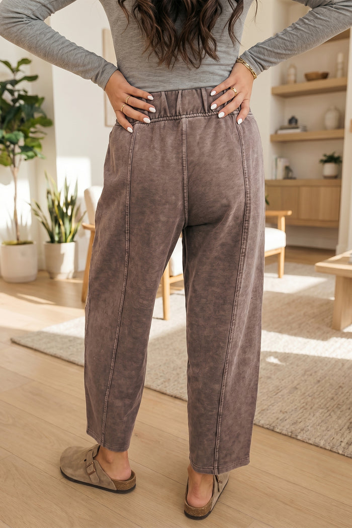 Coffee Mineral Wash Seam Detail Elastic Waist Barrel Pants Shewin
