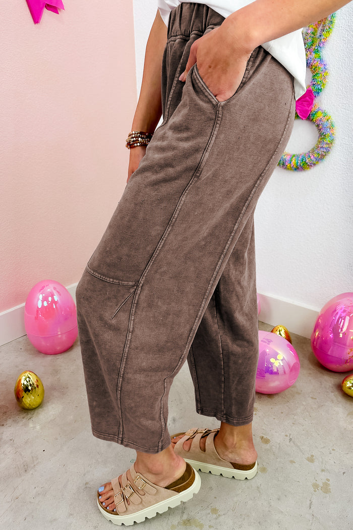 Coffee Mineral Wash Seam Detail Elastic Waist Barrel Pants Shewin