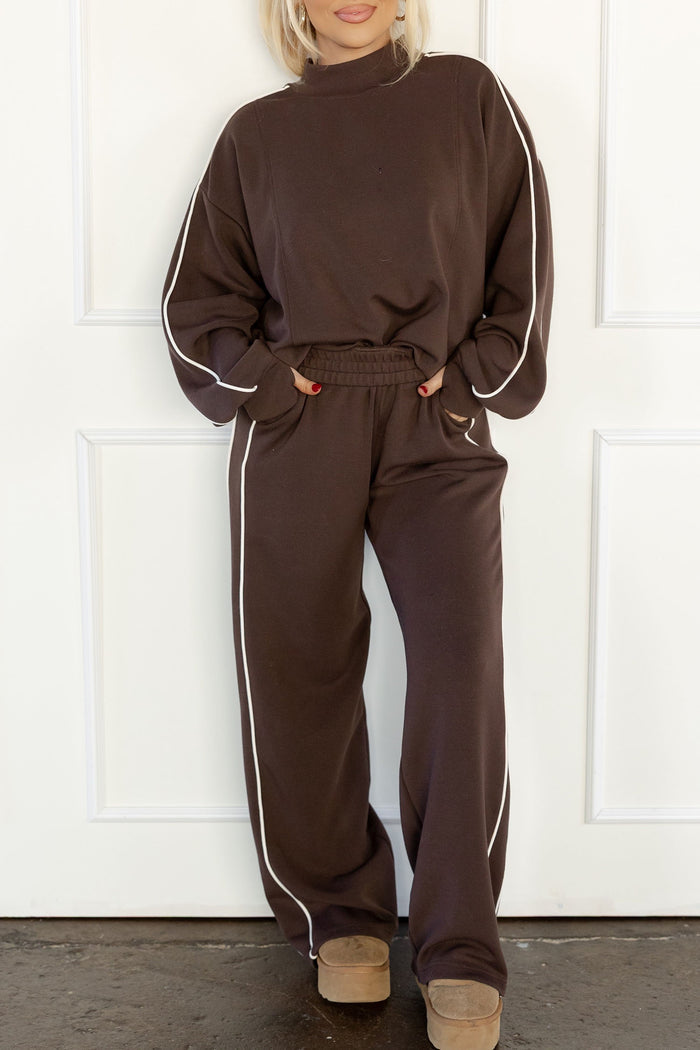 Coffee Sporty Piping Trim Mock Neck Pullover Relaxed 2pcs Pant Set Shewin