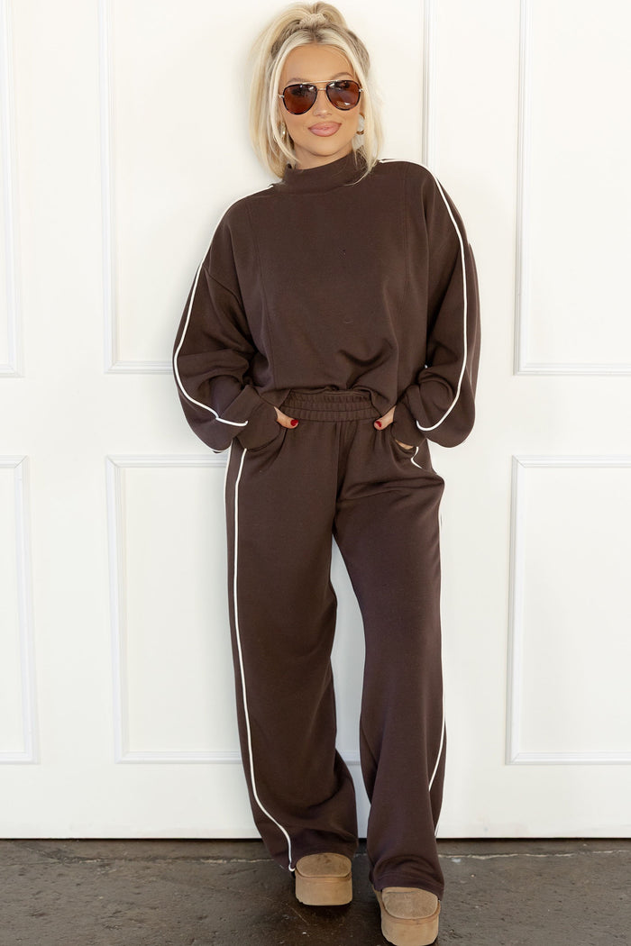 Coffee Sporty Piping Trim Mock Neck Pullover Relaxed 2pcs Pant Set Shewin
