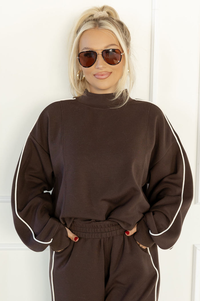 Coffee Sporty Piping Trim Mock Neck Pullover Relaxed 2pcs Pant Set Shewin