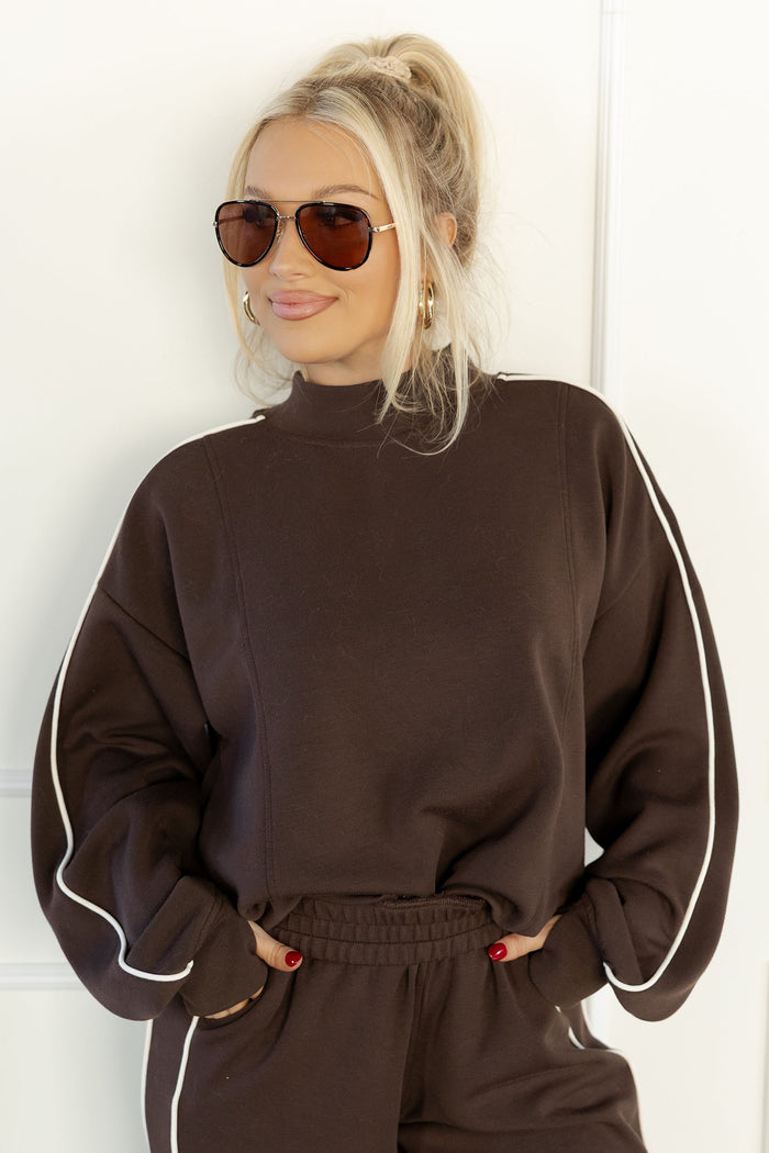 Coffee Sporty Piping Trim Mock Neck Pullover Relaxed 2pcs Pant Set Shewin