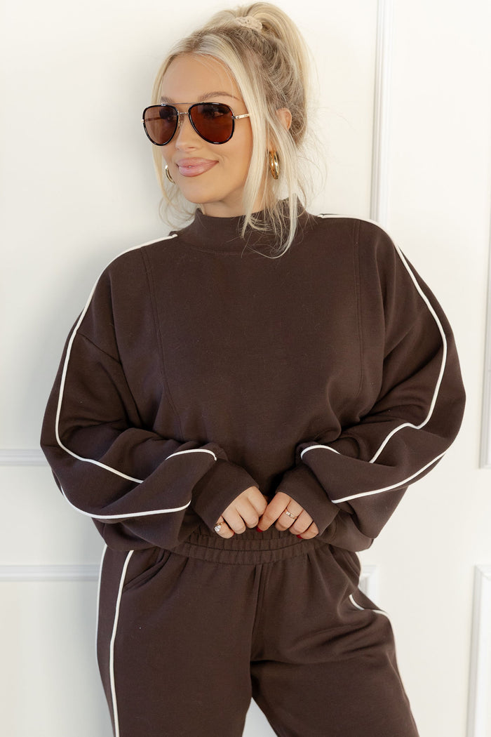 Coffee Sporty Piping Trim Mock Neck Pullover Relaxed 2pcs Pant Set Shewin