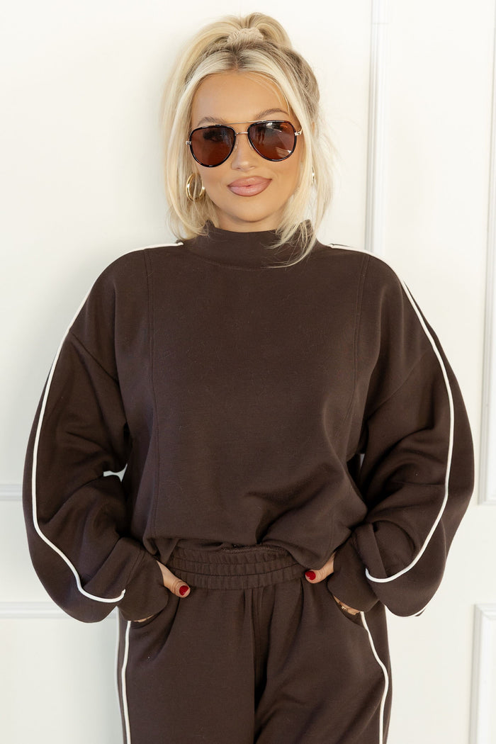 Coffee Sporty Piping Trim Mock Neck Pullover Relaxed 2pcs Pant Set Shewin