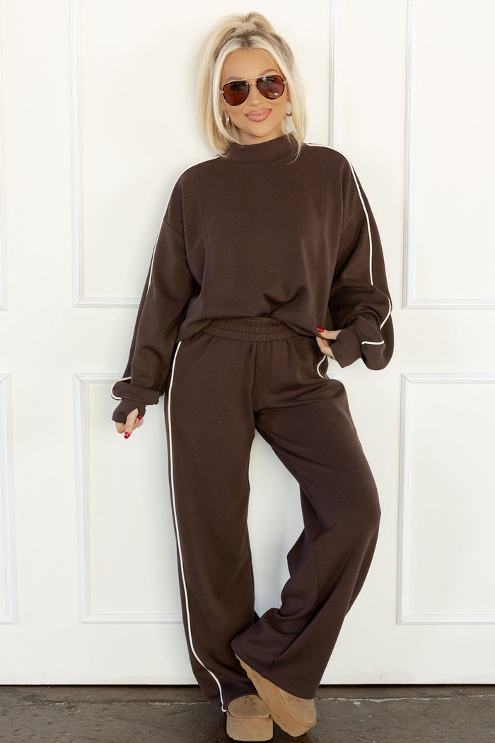 Coffee Sporty Piping Trim Mock Neck Pullover Relaxed 2pcs Pant Set Shewin