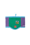 A colorful fleece neck warmer with green and purple panels, blue trim, and colorful illustration patches set against a white background