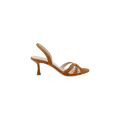 The Colwill Slingback Sandal is a tan suede sandal featuring a mid heel and crisscross straps over the toes, shown against a white background.