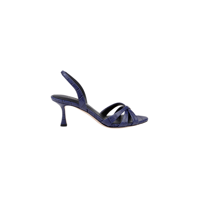The Colwill Slingback Sandal is a single navy blue, croc-embossed mid heel sandal featuring three straps and an open toe, displayed on a white background.