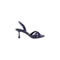 The Colwill Slingback Sandal is a single navy blue, croc-embossed mid heel sandal featuring three straps and an open toe, displayed on a white background.