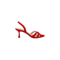 The Colwill Slingback Sandal is a red, mid-heel sandal featuring an open toe, crisscross suede straps at the front, and a slingback design, shown against a plain white background.