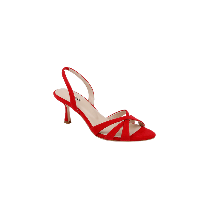 The Colwill Slingback Sandal is a red, open-toe mid heel with crisscross suede straps in a slingback design, shown against a plain white background.