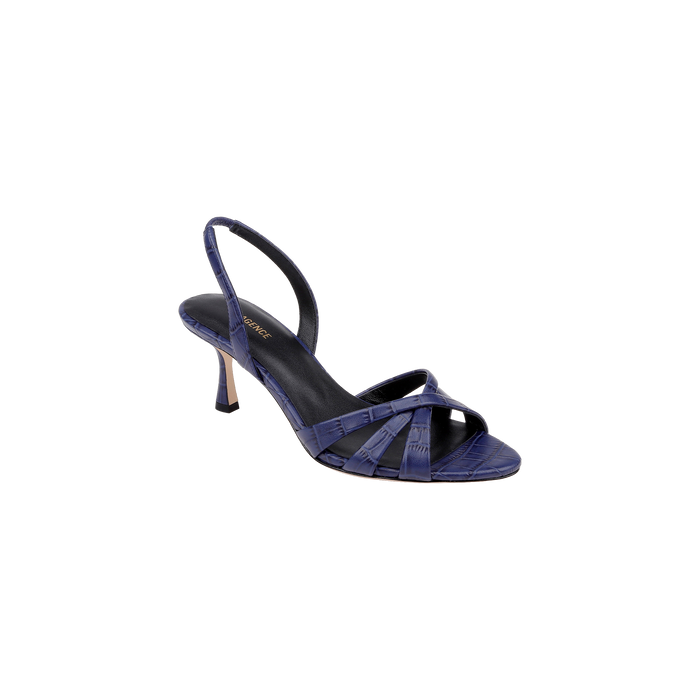 The Colwill Slingback Sandal, featuring a single navy blue croc-embossed design with an open toe, crisscross straps, and a mid heel, is set against a plain white background.