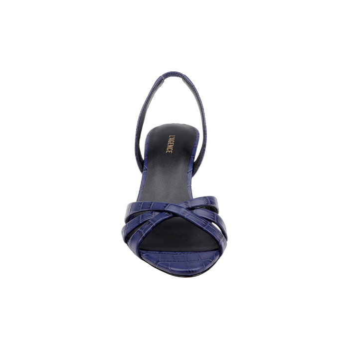 Front view of a single Colwill Slingback Sandal in dark blue croc-embossed leather, featuring crisscross straps and a mid heel, set against a plain white background.