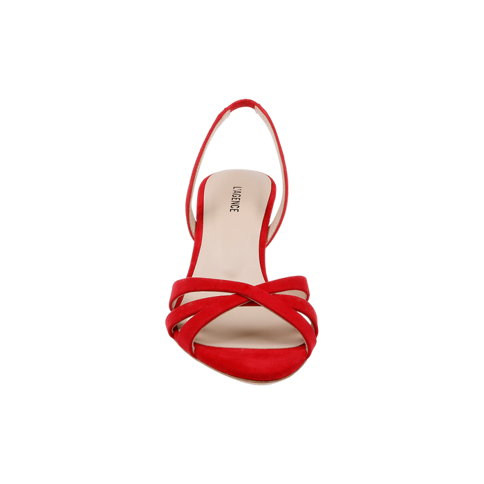 The Colwill Slingback Sandal is a red suede sandal with crisscross straps, an open-toe design, and a front view against a white background.