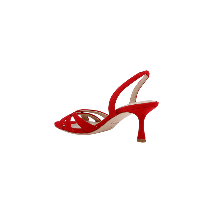 The Colwill Slingback Sandal, shown from a rear angle against a plain white background, features a red suede upper with an open toe, strappy design, and a slender high heel.