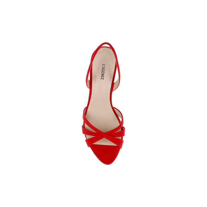 Colwill Slingback Sandal in red suede with crisscross straps, mid heel, pointed toe, and beige insole, shown from above on a white background.