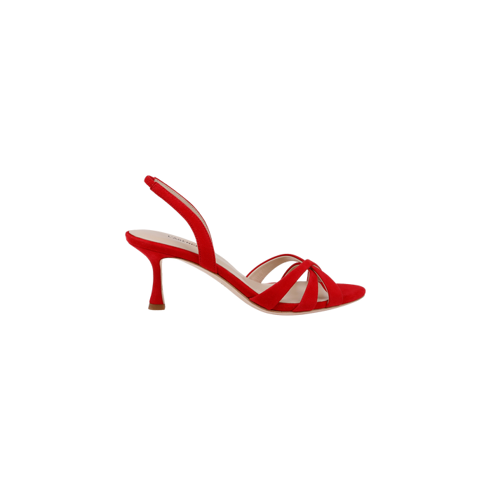 The Colwill Slingback Sandal is a red open-toe shoe featuring a crisscross strap design, mid heel stiletto, and suede upper, displayed on a plain white background.