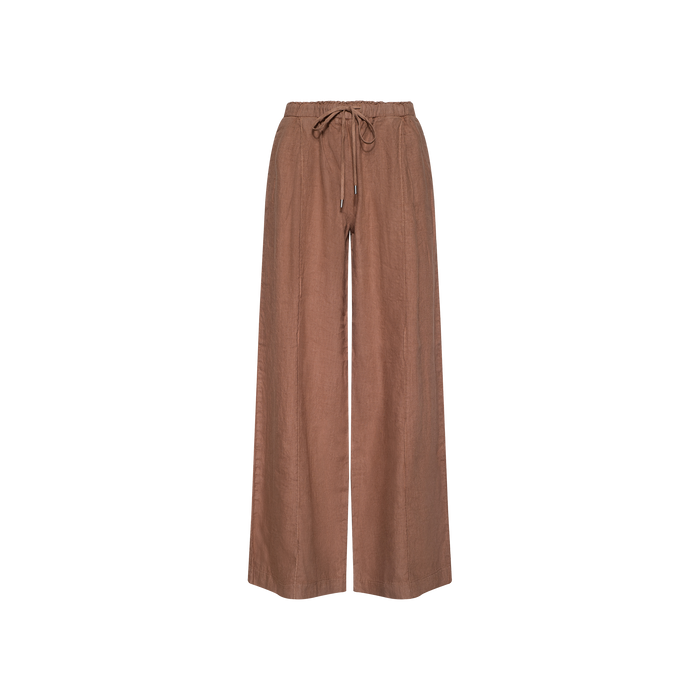 Connie Linen Drawstring Trouser in brown with a wide-leg silhouette and adjustable drawstring waistband, displayed on a plain white background.