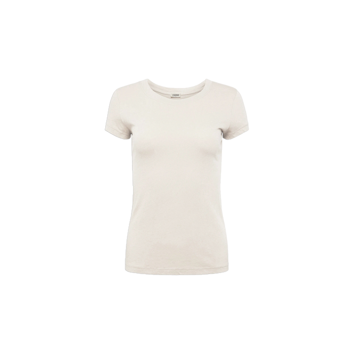 The Cory Cotton Scoopneck Tee, a vintage off-white women’s T-shirt crafted from ultra-soft cotton, is centered on a white background. This plain, short-sleeved tee delivers timeless comfort and effortless style.