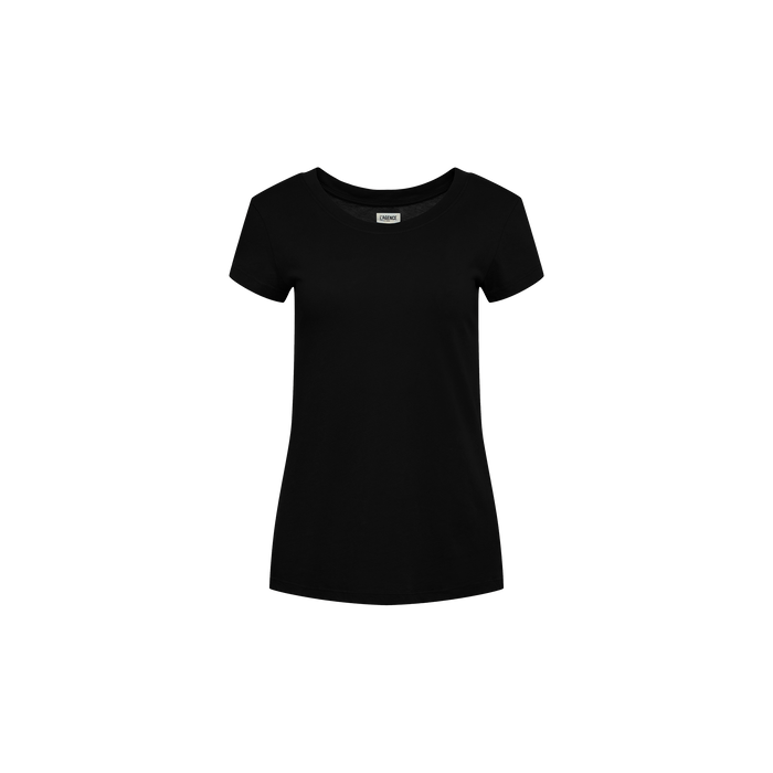 The Cory Cotton Scoopneck Tee is a classic black women’s t-shirt made from ultra-soft cotton, showcasing short sleeves and a flattering scoop neckline, presented on a white background.