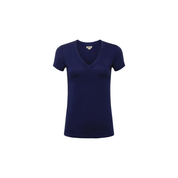 A Cory Cotton Scoopneck Tee in navy with short sleeves is displayed on a white background, crafted from ultra-soft cotton for exceptional comfort.