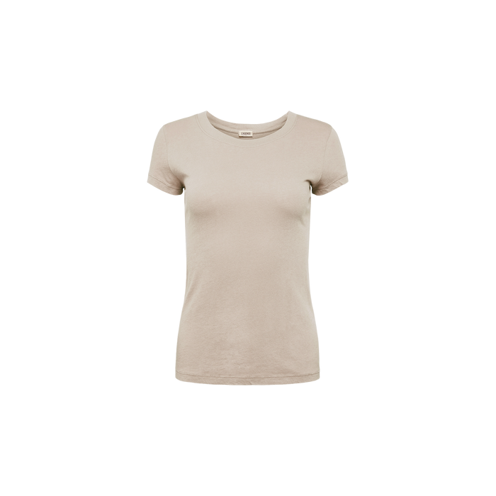 The Cory Cotton Scoopneck Tee, a slim-fit, short-sleeved women’s t-shirt in beige, is displayed against a white background.