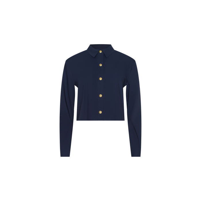 The Cosette Shirt is a navy blue, long-sleeved, collared tailored shirt featuring gold buttons down the front. It is neatly buttoned and displayed on a plain white background.