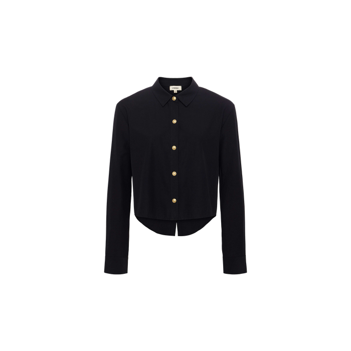 The Cosette Shirt is a black, long-sleeve collared tailored shirt with gold buttons, crafted from a stretch cotton-blend fabric and featuring a cropped length, displayed on a plain white background.
