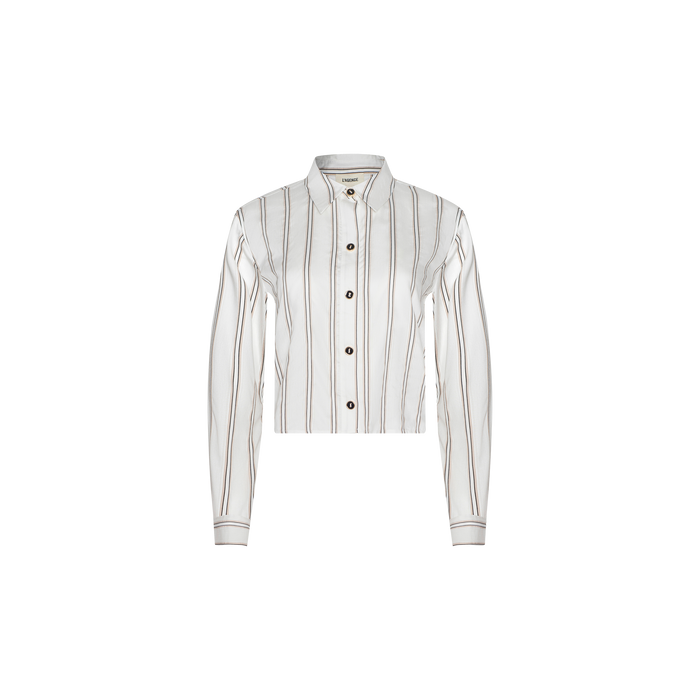 Cosette Shirt: A white, long-sleeve tailored shirt with vertical brown and beige jacquard stripes, featuring a collar, buttoned cuffs, and a cropped high-low hem, displayed on a plain white background.