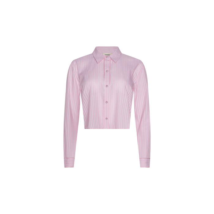 The Cosette Shirt, featuring pink and white vertical stripes, long sleeves, a collared neckline, and a jacquard poplin button-up design, is displayed on a plain white background.