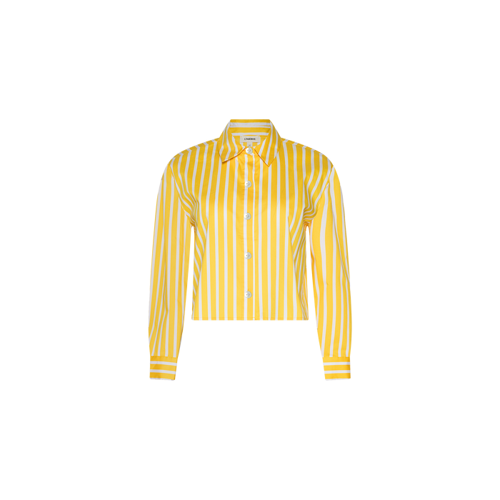 The Cosette Shirt is a yellow and white vertically striped tailored shirt, crafted from organic cotton, featuring long sleeves, a classic collar, and a button-up front. Displayed on a plain white background.