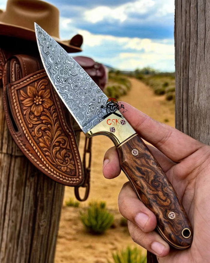 Country Buckaroo Knife – 3” Damascus Blade With Rosewood Handle & Pancake Sheath cskforged