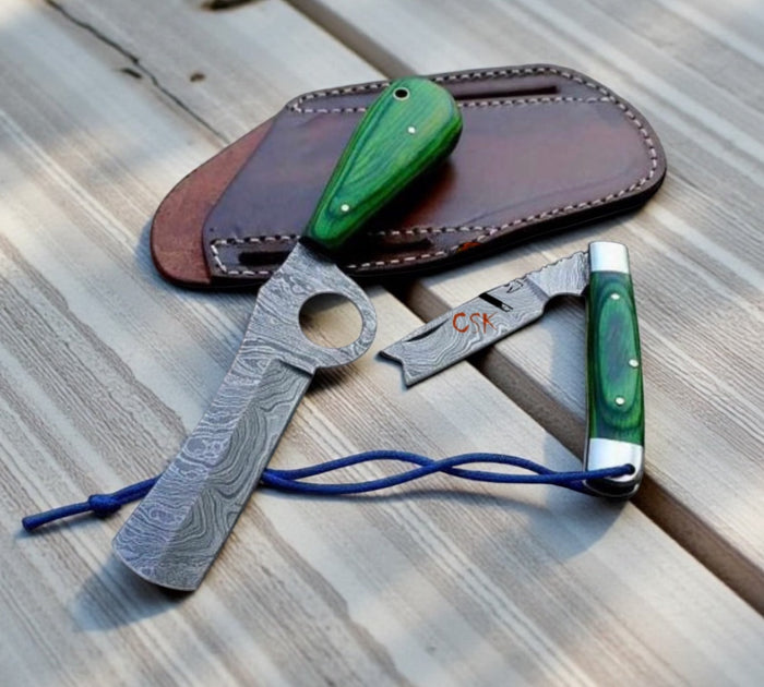 Cowboy Bull Cutter Knives Set - Handmade Damascus Blades & CrossDraw Sheath cskforged