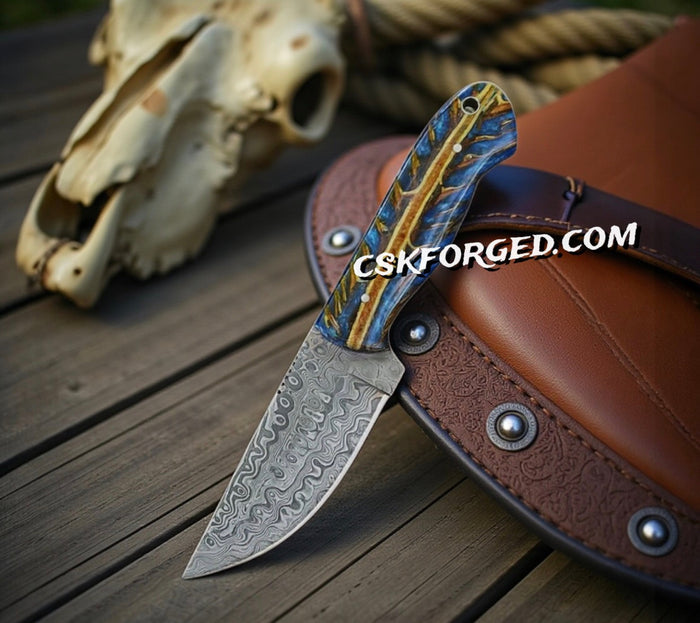 Cowboy Enthusiasts – 4" Raindrops Damascus Blade With Cross Draw Leather Sheath cskforged