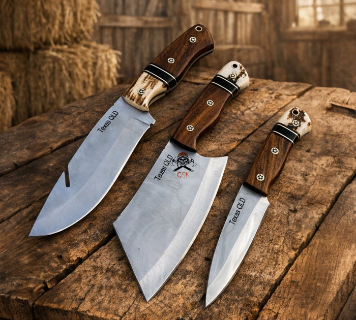 Cowboy Hunting Set – D2 Steel Blades Rosewood & Antler Handle With Belt Kit cskforged