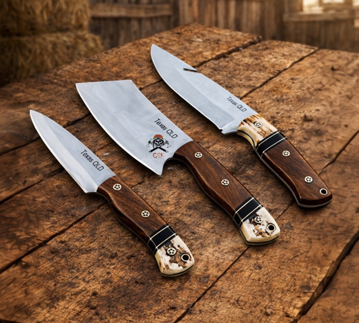 Cowboy Hunting Set – D2 Steel Blades Rosewood & Antler Handle With Belt Kit cskforged