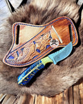 Cowboy Knife – 8" Damascus Steel Blade with Blue Epoxy Pine Cone Resin Handle & Leather Sheath cskforged