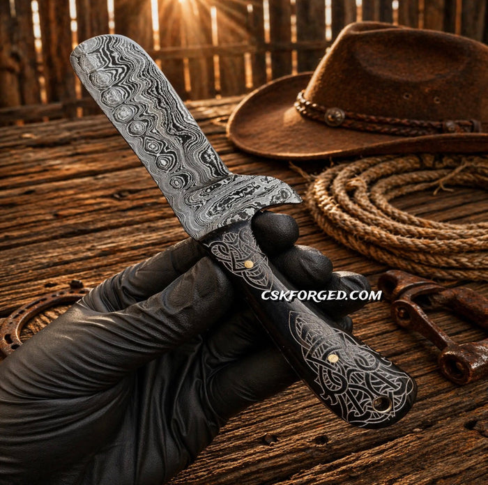 Cowboy Knife Damascus Bullcutter Buffalo Horn Hunting Knife Pancake Sheath cskforged