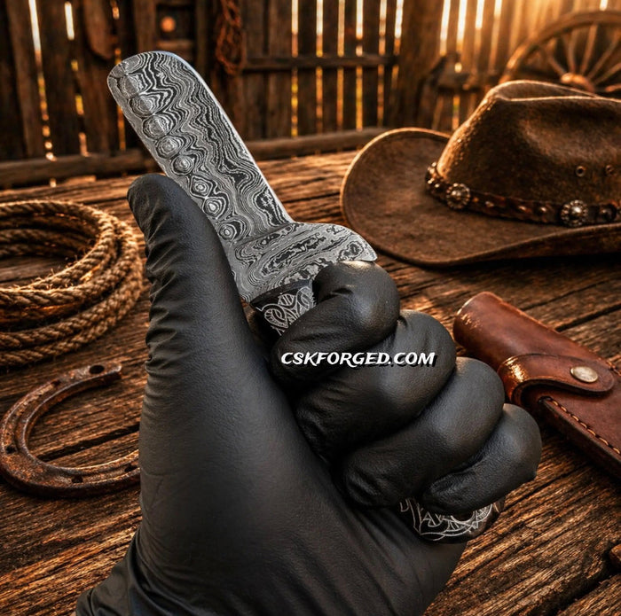 Cowboy Knife Damascus Bullcutter Buffalo Horn Hunting Knife Pancake Sheath cskforged