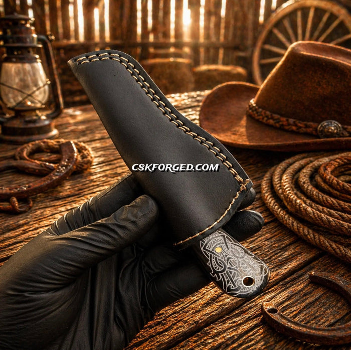 Cowboy Knife Damascus Bullcutter Buffalo Horn Hunting Knife Pancake Sheath cskforged