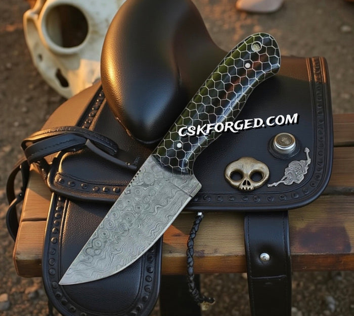 Cowboy Knife with 3.25" Damascus Blade - Durable Black Honeycomb Handle | Sharp & Reliable cskforged